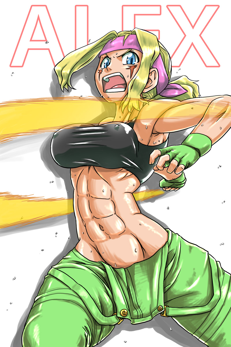 abs alex_(street_fighter) battle blonde_hair blue_eyes breasts capcom_fighting_jam covered_nipples energy_beam facial_tattoo fingerless_gloves genderswap genderswap_(mtf) gloves headband highres impossible_clothes jackasss large_breasts long_hair midnight_bliss midriff muscle muscular_female navel open_mouth overalls ponytail solo street_fighter street_fighter_iii_(series) sweat tank_top tattoo