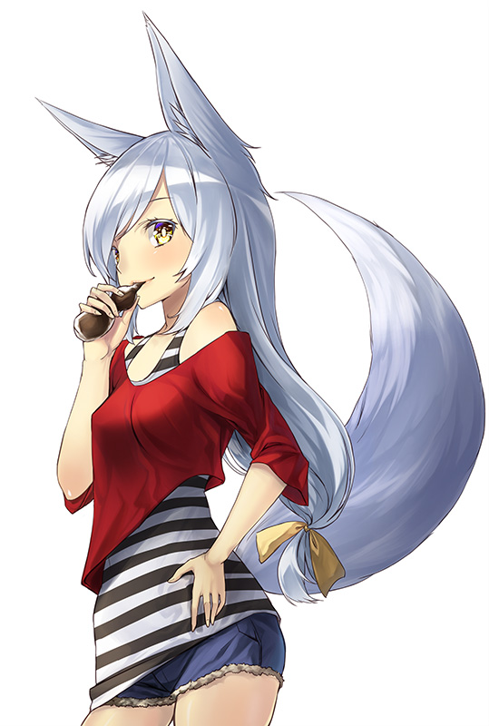 animal_ears bad_id bad_pixiv_id cutoffs eating fox_ears fox_tail hand_on_hip kyon_(fuuran) long_hair off_shoulder original short_shorts shorts silver_hair simple_background smile solo striped tail white_background yellow_eyes