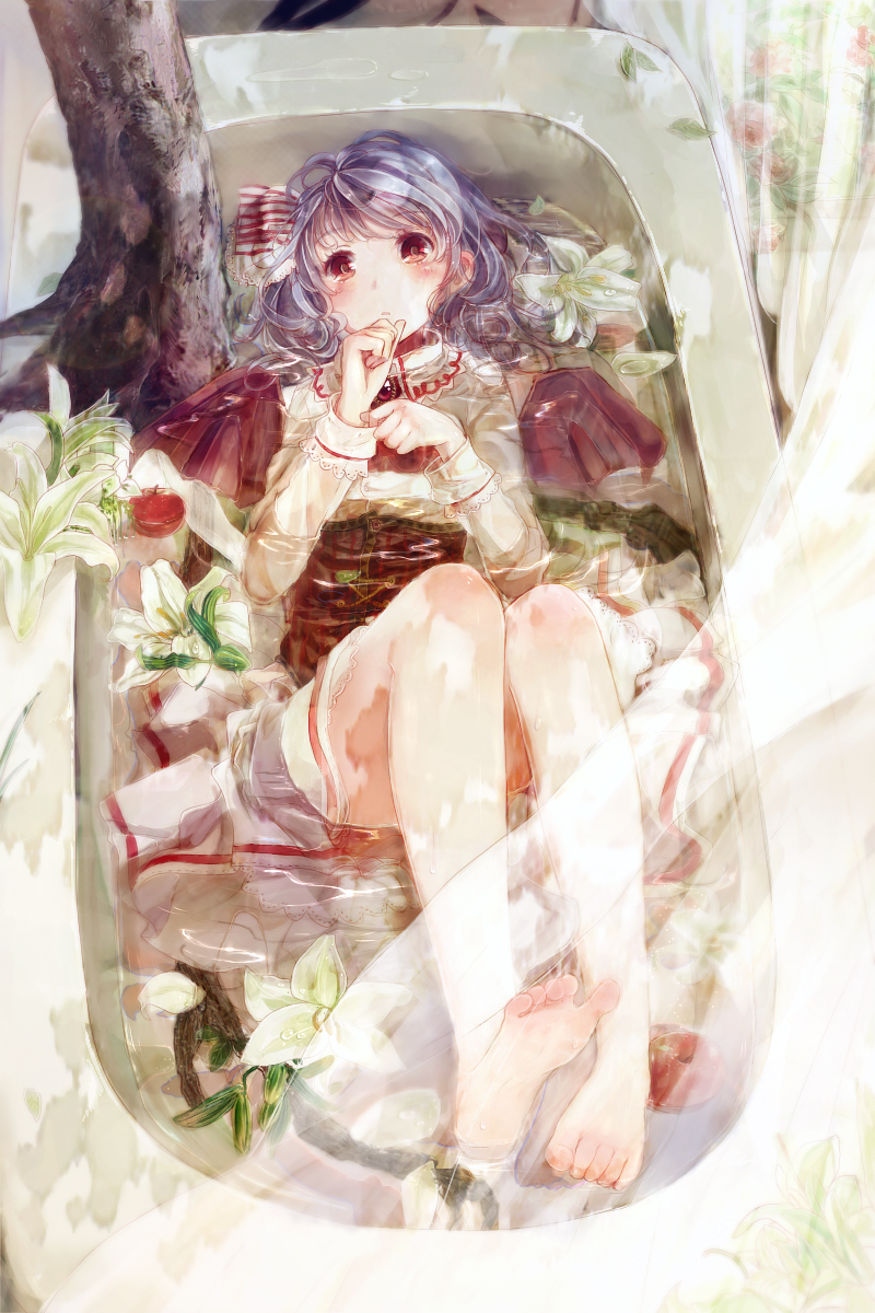 barefoot bat_wings bathtub blush bou_shaku clothed_bath feet flower highres legs lily_(flower) partially_submerged purple_hair red_eyes remilia_scarlet short_hair soles solo toes touhou tree wings