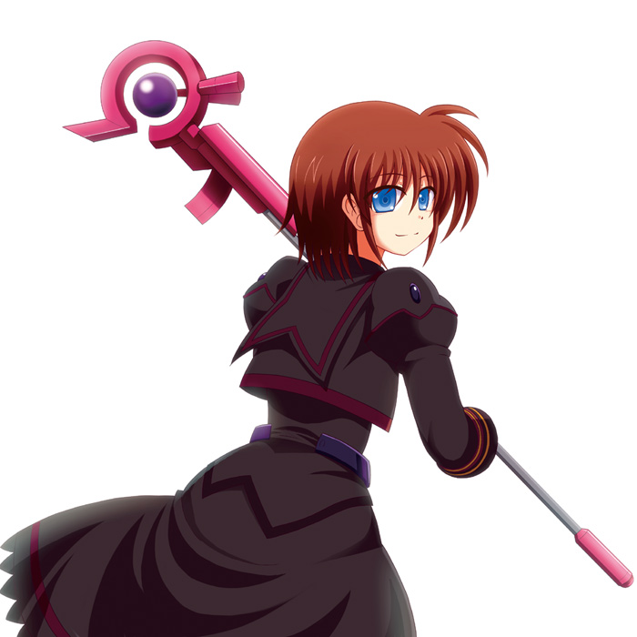 azumaya_hironaru blue_eyes brown_hair dress from_behind long_sleeves luciferion lyrical_nanoha mahou_shoujo_lyrical_nanoha mahou_shoujo_lyrical_nanoha_a's mahou_shoujo_lyrical_nanoha_a's_portable:_the_battle_of_aces material-s puffy_sleeves short_hair smile solo white_background