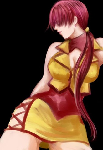 alternate_costume artist_request bare_shoulders black_background breasts cleavage cleavage_cutout contrapposto cropped_jacket earrings hair_over_eyes jewelry large_breasts leotard long_hair lowres miniskirt ponytail red_hair red_leotard shermie skirt solo split_ponytail standing the_king_of_fighters the_king_of_fighters_2000