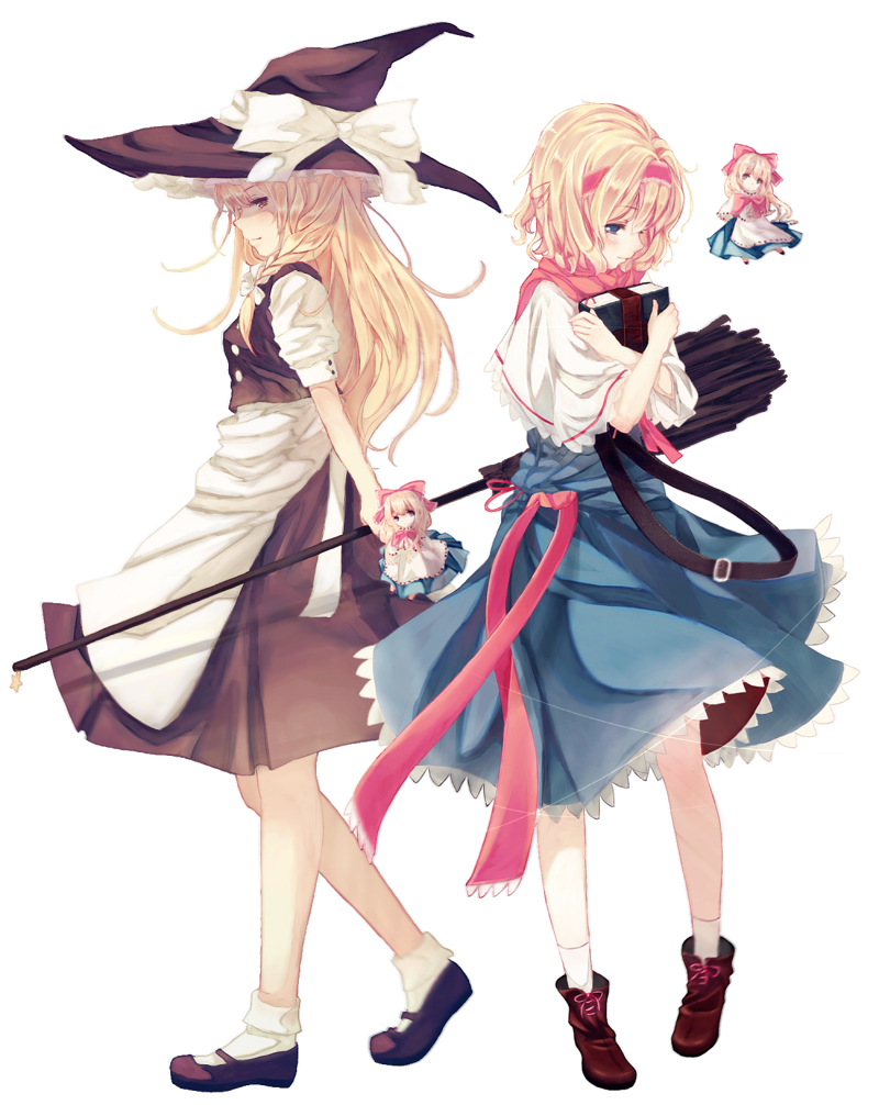 alice_margatroid bad_id bad_pixiv_id blonde_hair blue_eyes book bou_shaku bow broom brown_eyes capelet dress hairband hat hat_bow kirisame_marisa long_hair mary_janes multiple_girls shanghai_doll shoes short_hair simple_background string touhou white_background white_bow witch_hat