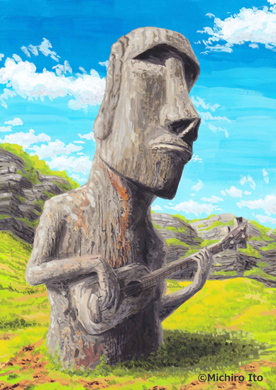 bad_id bad_pixiv_id bass_guitar cloud day easter_island grass instrument itou_michirou moai music no_humans original playing_instrument sky statue