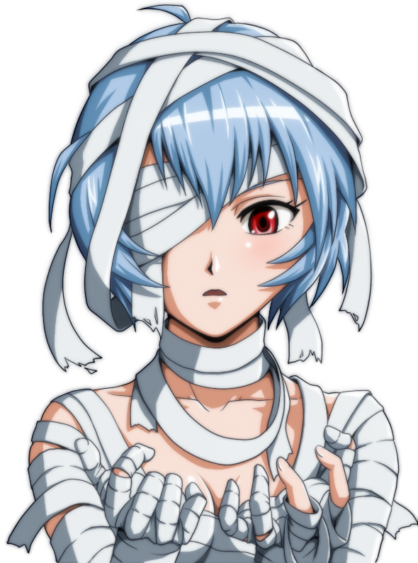 alvares ayanami_rei bad_id bad_pixiv_id bandage_over_one_eye bandages blue_hair blush breasts cleavage costume looking_down medium_breasts mummy neon_genesis_evangelion red_eyes short_hair simple_background solo white_background