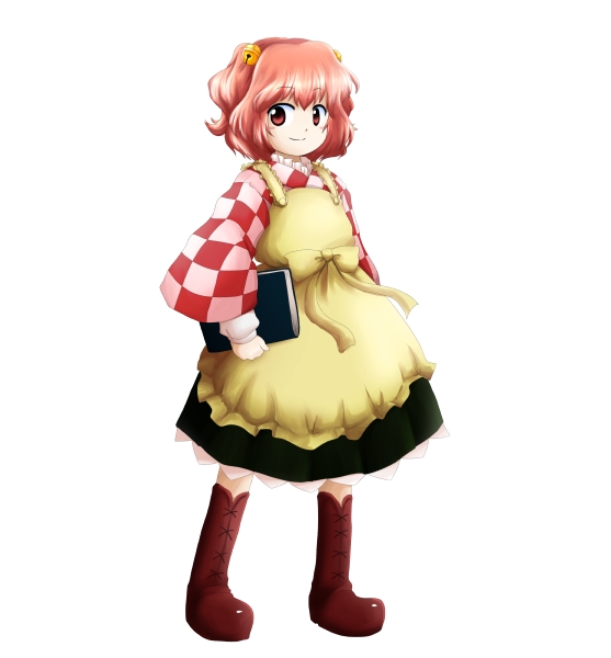 apron bell book boots bow checkered cross-laced_footwear full_body hair_bell hair_ornament holding huyusilver lace-up_boots long_sleeves looking_at_viewer motoori_kosuzu official_style oota_jun'ya_(style) parody pink_eyes pink_hair short_hair simple_background smile solo style_parody touhou two_side_up white_background