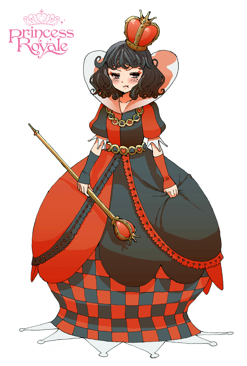 alice_in_wonderland black_hair copyright_name crown detached_sleeves dress mole pout princess_royale queen_of_hearts red_eyes scepter short_hair solo supportasse yanagida_fumita