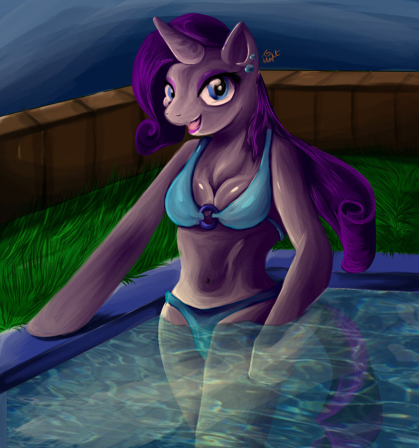 anthrofied bikini blue_eyes cleavage clothed clothing cytozire ear_piercing equine female friendship_is_magic hair horn mammal my_little_pony night outside piercing pool purple_hair rarity_(mlp) skimpy solo swimsuit unicorn water