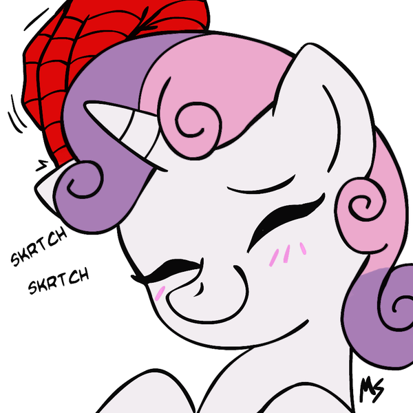 blush cub cute equine eyes_closed female feral friendship_is_magic hair horn mammal megasweet my_little_pony plain_background purple_hair scratch_behind_the_ears spider-man sweetie_belle_(mlp) two_tone_hair unicorn white_background young