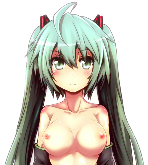 ahoge blush breasts detached_sleeves green_eyes green_hair hatsune_miku long_hair md5_mismatch medium_breasts nipples simple_background solo tom_(drpow) topless twintails vocaloid white_background