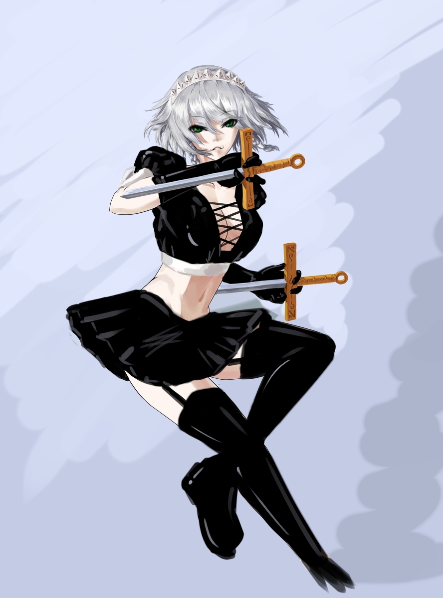 alternate_costume boots braid dual_wielding highres holding image_sample izayoi_sakuya maid_headdress midriff navel pixiv_sample scrap_iron shoes short_hair silver_hair solo sword thigh_boots thighhighs touhou twin_braids weapon