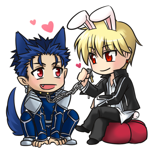animal_ears blue_hair bunny_ears bunny_tail bunnyboy chain chibi chibiru collar dog_ears dog_tail dogboy earrings fang fate/stay_night fate_(series) full_body gilgamesh heart jewelry lancer long_hair male_focus multiple_boys open_mouth pet_play petboy red_eyes smile tail weapon
