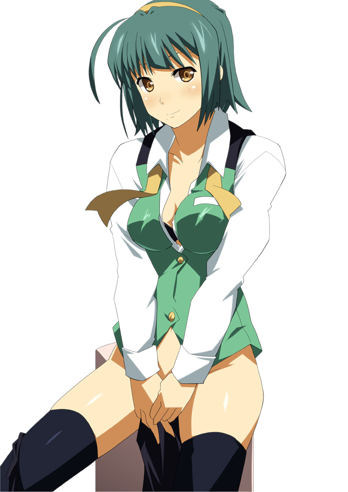 black_legwear bottomless breasts brown_eyes cleavage green_hair hairband idolmaster idolmaster_(classic) looking_at_viewer medium_breasts mole mole_under_mouth no_panties open_clothes open_shirt otonashi_kotori pedestal shin'ya_(nanp) shirt short_hair simple_background sitting skindentation smile solo thighhighs unbuttoned untied vest white_background