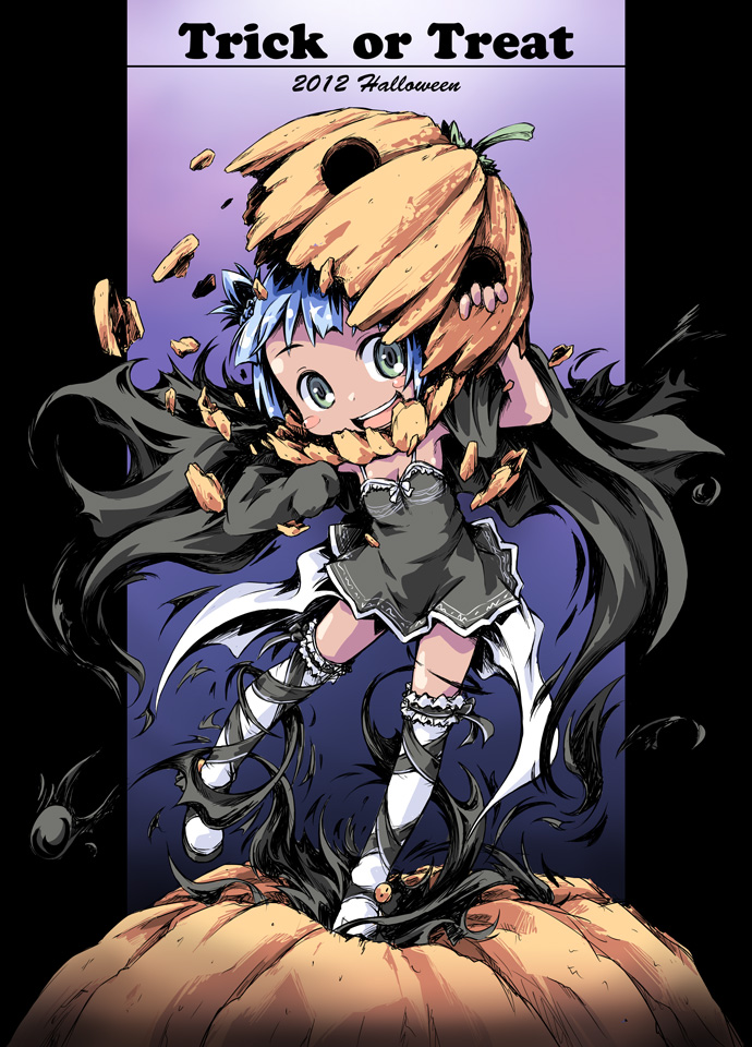 2012 :d animal_ears blue_hair cape dress halloween ham_(points) looking_at_viewer mask open_mouth original pillarboxed pumpkin pumpkin_hat silver_eyes smile solo thighhighs trick_or_treat white_legwear