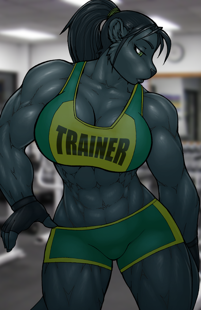 abs biceps black_hair breasts cindi_savaan cleavage clothed clothing feline female gloves green_eyes hair mammal muscles muscular_female panther ponytail shorts solo strype