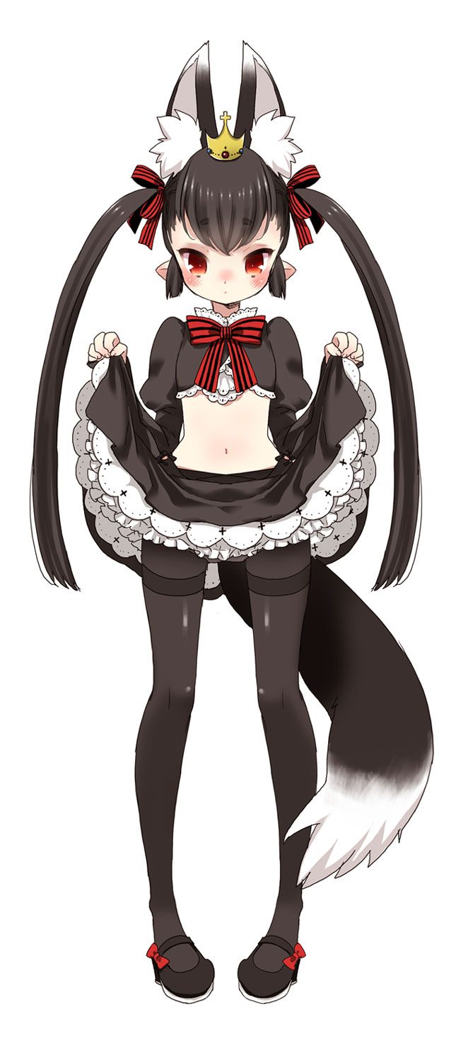 animal_ears black_hair black_legwear blush crown extra_ears fingernails fox_ears fox_tail full_body highres long_hair maitou mary_janes midriff navel original panties panties_under_pantyhose pantyhose pigeon-toed pointy_ears red_eyes shoes simple_background skirt skirt_lift solo tail thigh_gap thighband_pantyhose twintails underwear white_background
