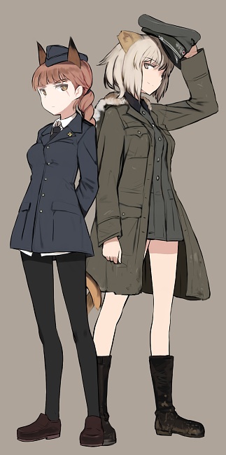alexandra_serbanescu animal_ears boots cat_ears cat_tail coat hat hood huberta_von_bonin knee_boots light_brown_hair looking_at_viewer military military_hat military_jacket military_uniform multiple_girls necktie pantyhose red_hair scar shimada_fumikane shoes short_hair standing tail uniform world_witches_series