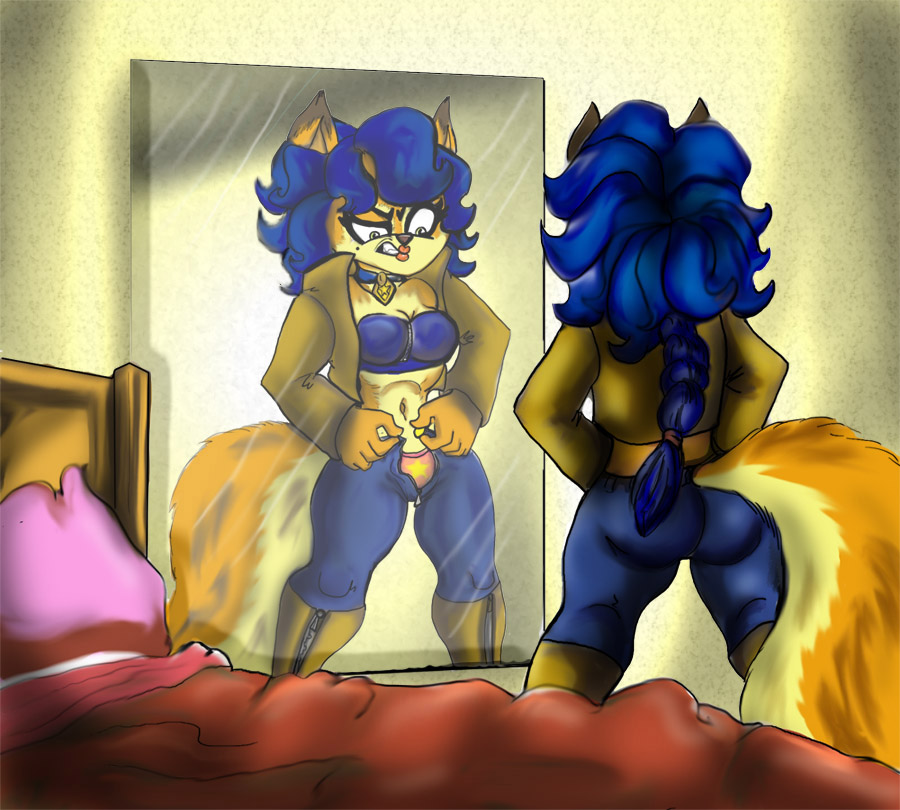bed blue_hair button canine carmelita_fox dressing female fox hair jeans mammal mirror open_fly overweight panties shinragod sly_cooper_(series) solo struggling underwear