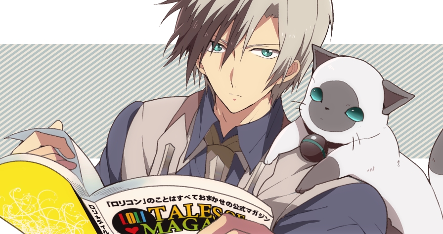 animal animal_on_shoulder bad_id bad_pixiv_id bell black_hair cat cat_on_shoulder expressionless green_eyes grey_hair ludger_will_kresnik lulu_(tales) magazine male_focus multicolored_hair necktie nic_(kevin) tales_of_(series) tales_of_xillia tales_of_xillia_2 two-tone_hair