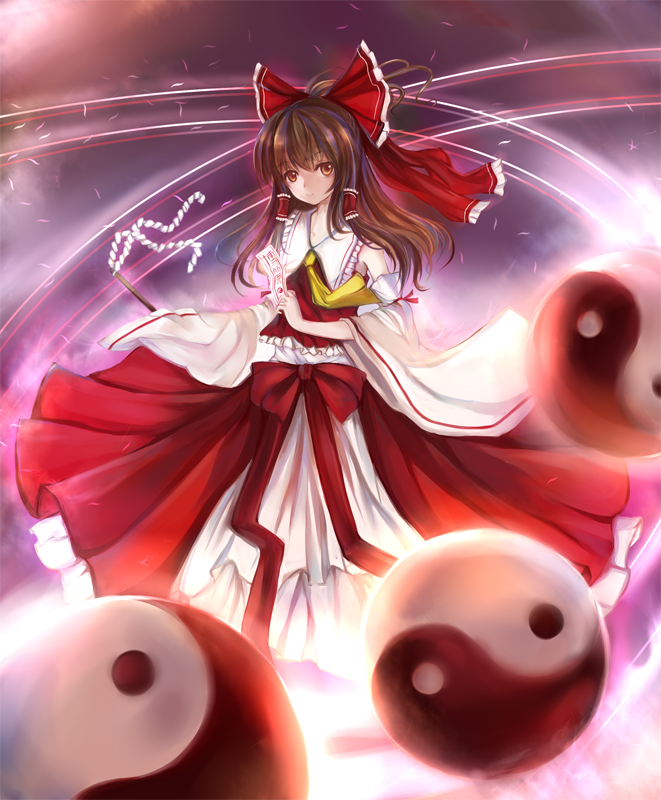 ascot bad_id bad_pixiv_id bow brown_hair detached_sleeves gohei hair_bow hair_tubes hakurei_reimu long_hair ofuda red_eyes skirt solo touhou yin_yang yingji_(zszero)