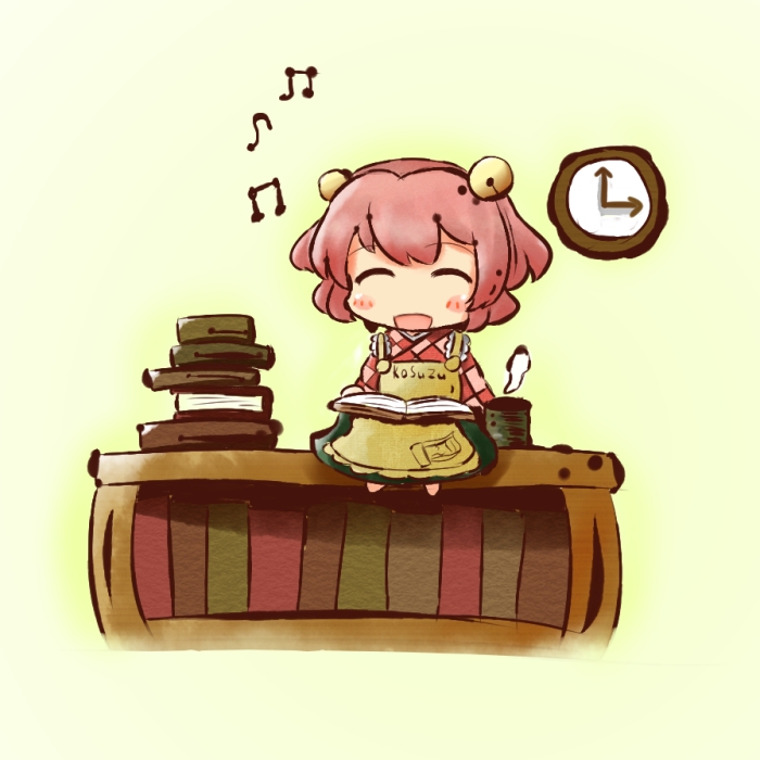 :d apron bell bird blush book character_name checkered checkered_shirt chibi chick clock closed_eyes clothes_writing cup desk gasuto_(kamikami) hair_bell hair_ornament motoori_kosuzu music musical_note on_desk open_book open_mouth pink_hair shirt short_hair simple_background singing sitting sitting_on_desk skirt smile solo steam touhou two_side_up