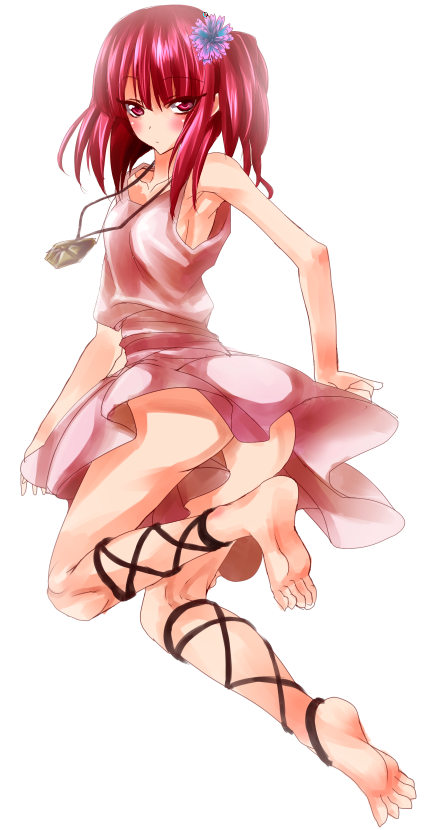 ankle_lace-up ass bad_id bad_pixiv_id barefoot blush cross-laced_footwear dress feet flower full_body hair_flower hair_ornament jewelry magi_the_labyrinth_of_magic morgiana necklace red_hair simple_background solo white_background