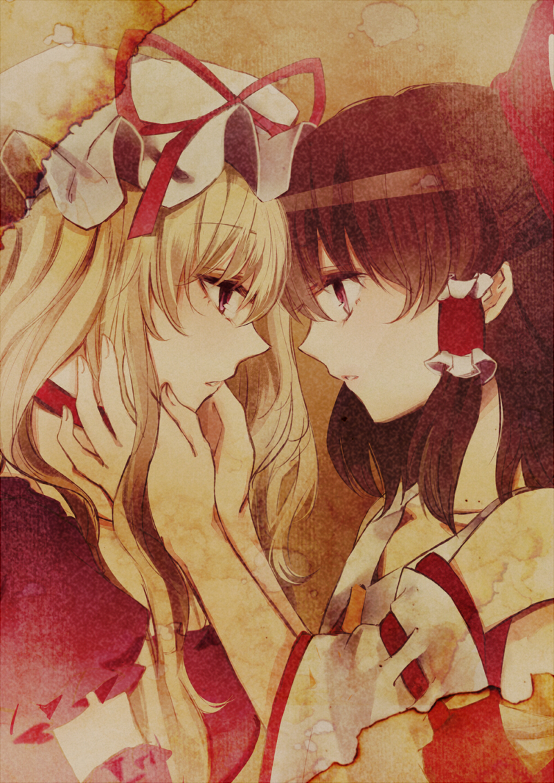 bad_id bad_pixiv_id blonde_hair brown_eyes brown_hair chonsuke couple cover eye_contact hakurei_reimu hands_on_another's_cheeks hands_on_another's_face hat long_hair looking_at_another multiple_girls profile short_hair touhou yakumo_yukari yuri