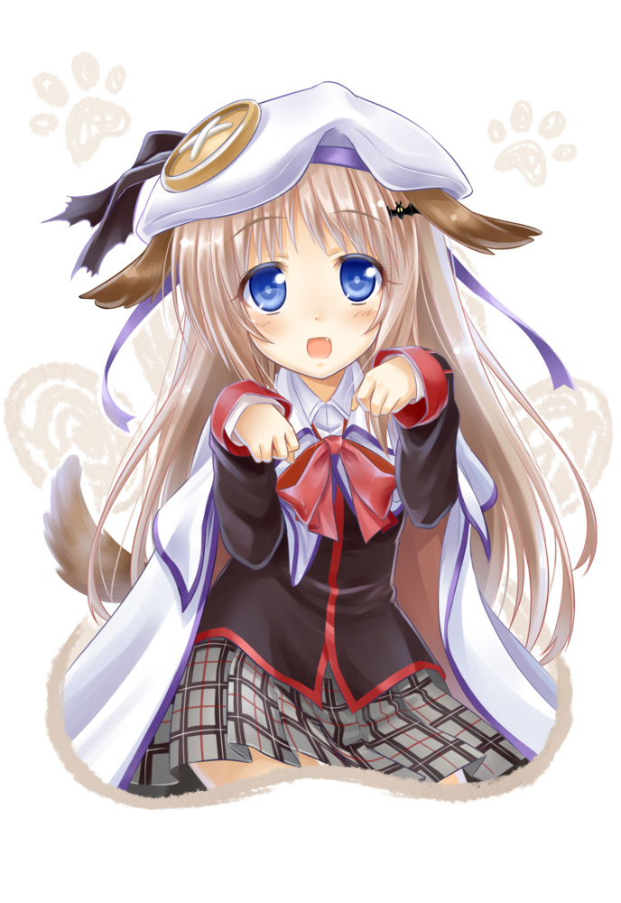 :d animal_ears blue_eyes blush bow fang hat little_busters! long_hair noumi_kudryavka okitakung open_mouth pink_bow school_uniform silver_hair skirt smile solo tail