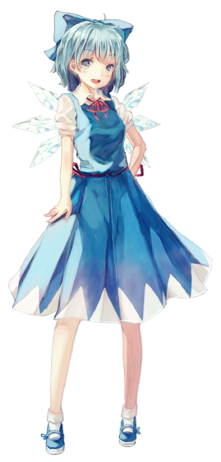 bad_id bad_pixiv_id blue_eyes blue_hair blush bou_shaku bow cirno dress full_body hair_bow hand_on_hip short_hair simple_background solo touhou white_background wings