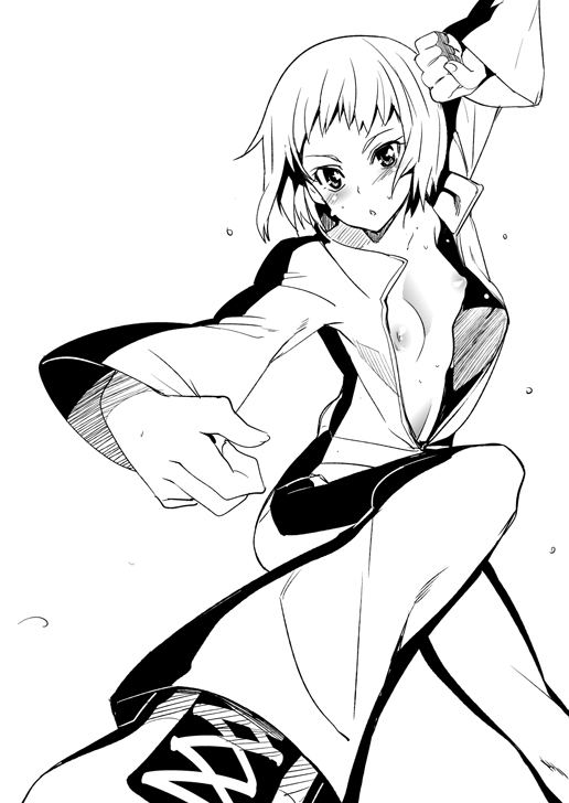 blush breasts bruce_lee's_jumpsuit fighting_stance greyscale huang_baoling inue_shinsuke kicking monochrome nipples no_bra short_hair small_breasts solo sweat tiger_&amp;_bunny unzipped white_background
