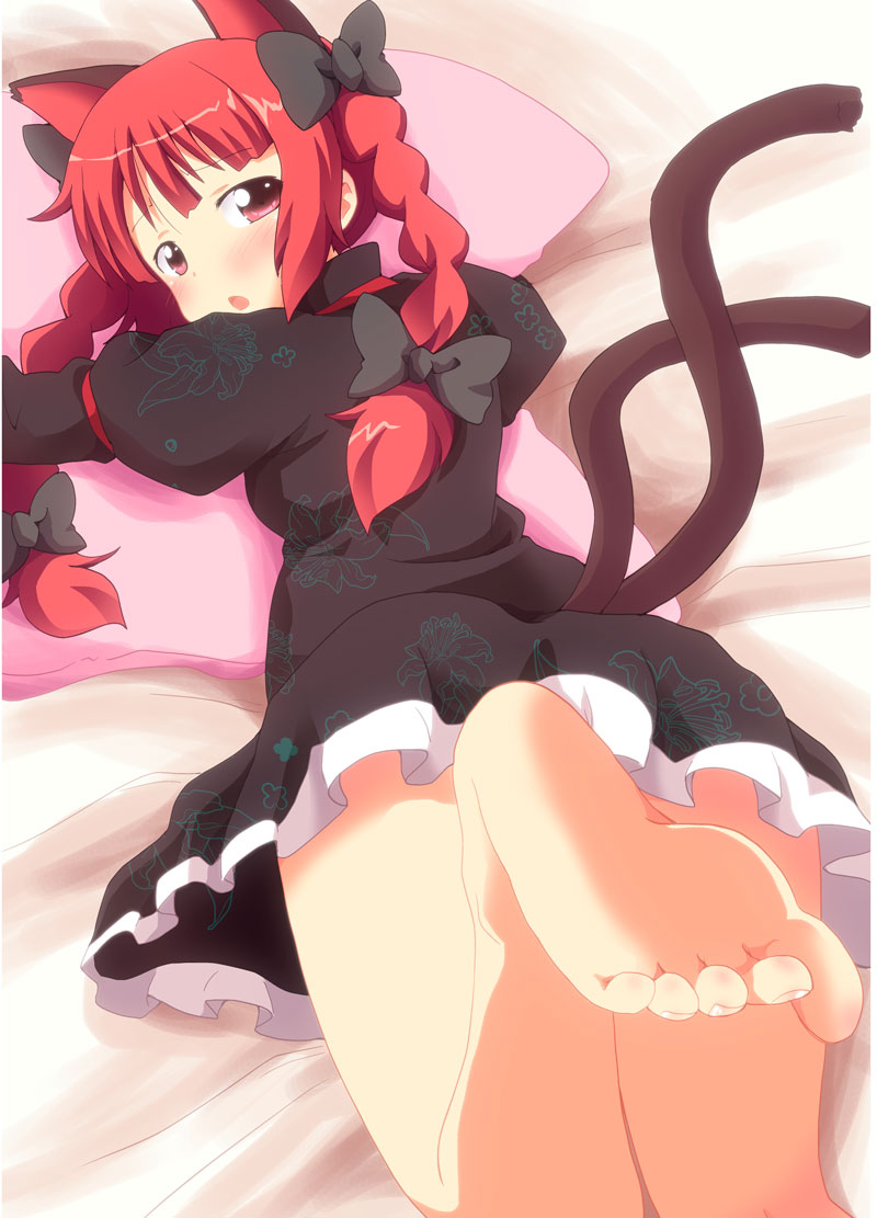 animal_ears barefoot bed_sheet blush braid cat_ears cat_tail dress extra_ears feet kaenbyou_rin lying massala multiple_tails on_stomach pillow pillow_hug pov_feet red_eyes red_hair ribbon soles solo tail touhou twin_braids twintails