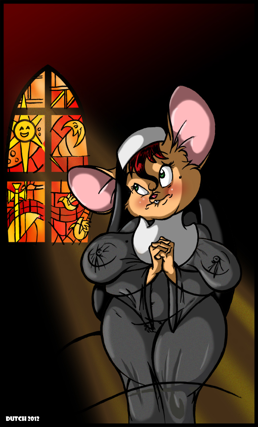 biting_lip blush breasts church crescent_moon dutch female green_eyes hair holy mammal misty_the_mouse moon mouse nipple_bulge nun praying red_hair rodent round_ears sagging_breasts sheer_clothing stained_glass sun translucent window