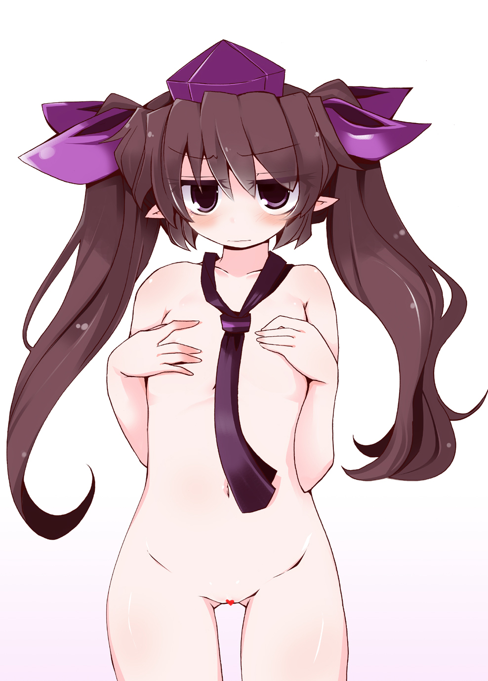 blush brown_hair censored collarbone covering covering_breasts flat_chest hair_ribbon hat heart highres himekaidou_hatate long_hair looking_at_viewer navel necktie nude pointy_ears purple_eyes pussy ribbon shirogane_(platinum) solo tokin_hat touhou twintails