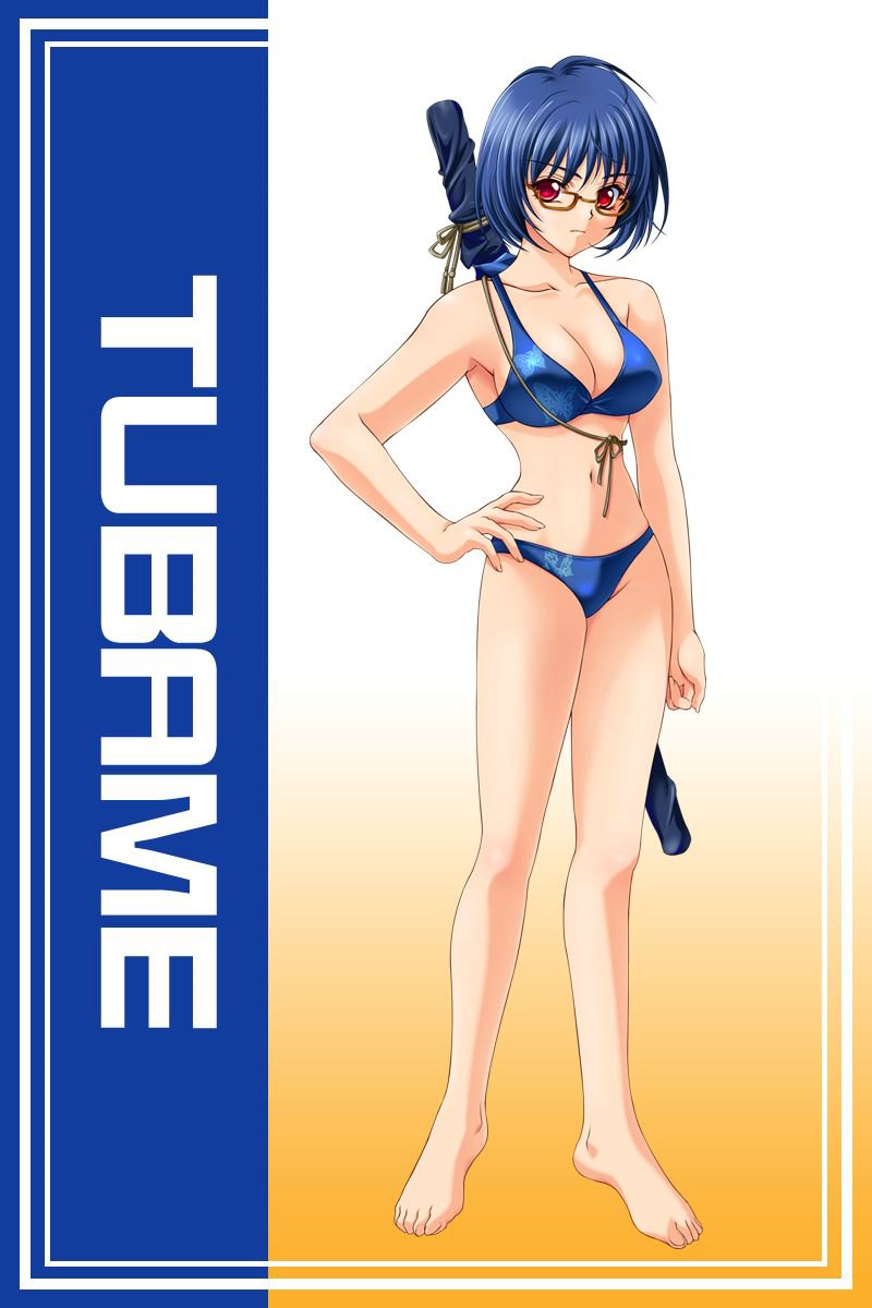 aozora_tsubame bare_shoulders bikini blue_hair breasts cleavage feet game_cg glasses gradient gradient_background hand_on_hip hand_on_hips highres large_breasts looking_at_viewer mome!_chichi_shimai_katei_kyoushi_11nin mome!_chichi_shimai_katekyoushi navel ole-m red_eyes short_hair solo standing swimsuit toes weapon