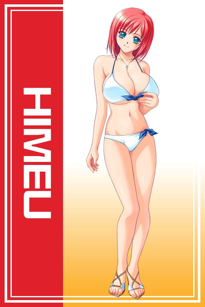 aozora_himeu bare_shoulders bikini blue_eyes breasts cleavage feet game_cg gradient gradient_background highres large_breasts looking_at_viewer mome!_chichi_shimai_katei_kyoushi_11nin mome!_chichi_shimai_katekyoushi navel ole-m red_hair sandals short_hair smile solo standing swimsuit toes