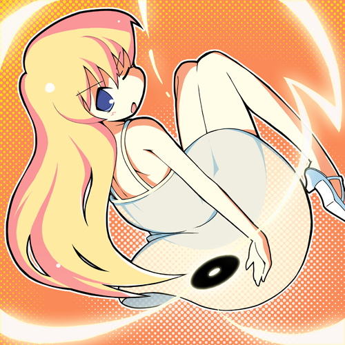 ;o back bangs bare_shoulders blonde_hair blue_eyes blush dress dutch_angle flat_chest glowing halftone halftone_background high_heels long_hair looking_at_viewer looking_back lowres mirakichi one_eye_closed open_mouth orange_background outline pani_poni_dash! rebecca_miyamoto see-through_silhouette shoes sitting solo sundress very_long_hair white_dress