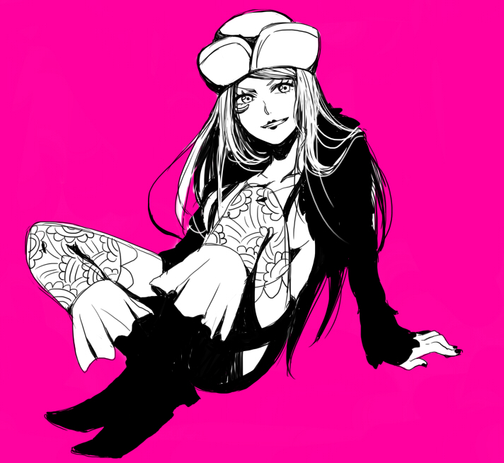 1girl boots chatter color_background female hat jacket jewelry_bonney lipstick long_hair makeup one_piece patterned_legwear piercing pink sabaody_archipelago sitting solo suspenders thighhighs