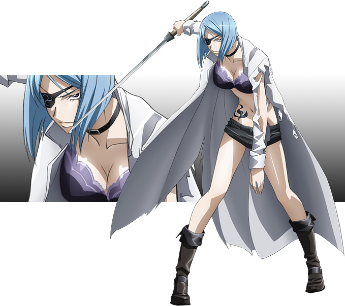 1girl blue_hair bra eyepatch ikkitousen lingerie mouyuu_(ikkitousen) short_hair solo sword tattoo underwear weapon