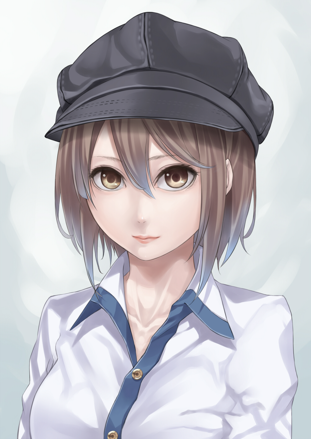bad_id bad_pixiv_id black_hat brown_eyes brown_hair buttons cabbie_hat collarbone face hair_between_eyes hat highres light_smile lips looking_at_viewer original ray-akila short_hair solo upper_body