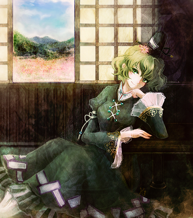 chin_rest dress embellished_costume field flower flower_field green_dress green_eyes green_hair hair_flower hair_ornament hat hill indoors juliet_sleeves katari long_sleeves looking_at_viewer nature puffy_sleeves see-through short_hair smile soga_no_tojiko solo tate_eboshi touhou wide_sleeves window