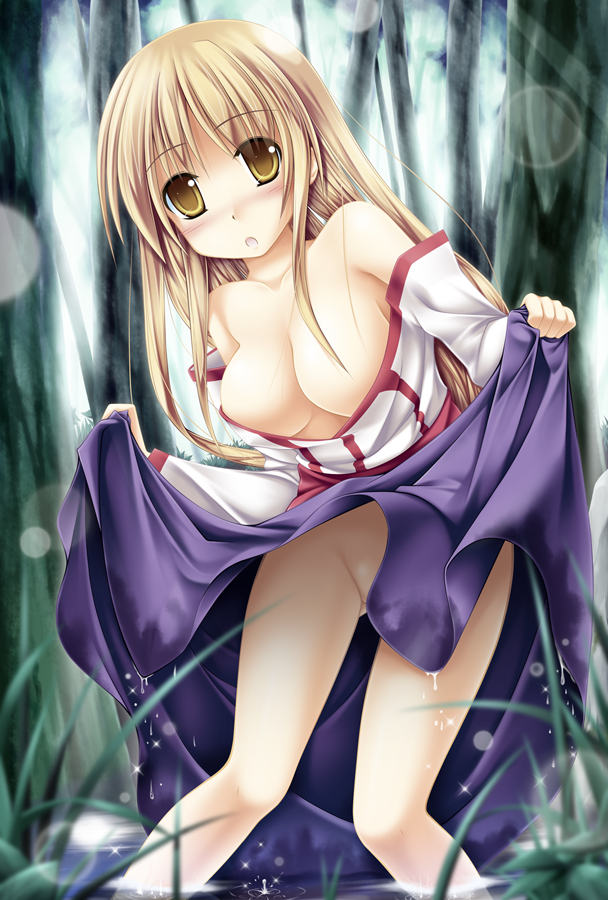 :o arc_the_lad arc_the_lad_ii bare_shoulders breasts brown_eyes brown_hair cleavage forest kai_yuuki large_breasts lieza long_hair nature no_panties solo tree water