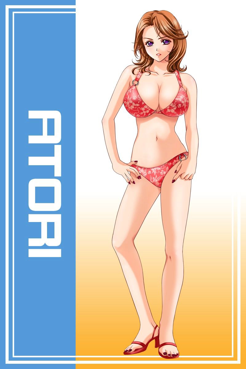 aozora_atori bare_shoulders bikini breasts brown_hair cleavage feet game_cg gradient gradient_background hand_on_hips hands_on_hips highres large_breasts looking_at_viewer mome!_chichi_shimai_katei_kyoushi_11nin mome!_chichi_shimai_katekyoushi nail_polish navel ole-m purple_eyes short_hair solo standing swimsuit toes