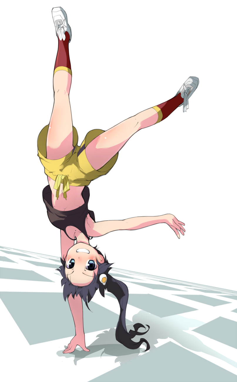 araragi_karen black_hair blue_eyes breasts comcom grin gym_shorts handstand highres medium_breasts monogatari_(series) navel nisemonogatari red_legwear shadow shoes shorts side_ponytail smile sneakers socks solo tank_top underboob upside-down