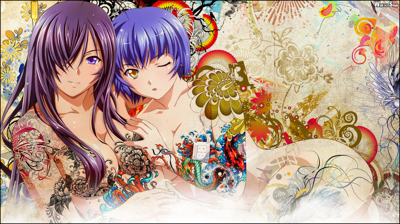 2girls blue_hair ikkitousen kan'u_unchou kanu_unchou multiple_girls purple_hair ryomou_shimei