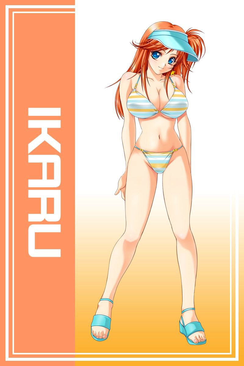 aozora_ikaru bare_shoulders bikini blue_eyes breasts cleavage feet game_cg gradient gradient_background hat highres large_breasts long_hair looking_at_viewer mome!_chichi_shimai_katei_kyoushi_11nin mome!_chichi_shimai_katekyoushi navel ole-m orange_hair sandals smile solo standing swimsuit toes