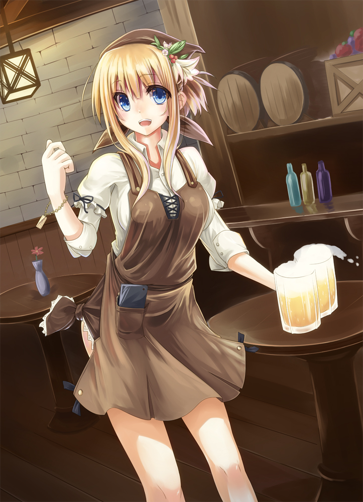 :d alcohol apron barrel beer blonde_hair blue_eyes case flower glass long_hair looking_at_viewer open_mouth original smile solo table waitress yukichin