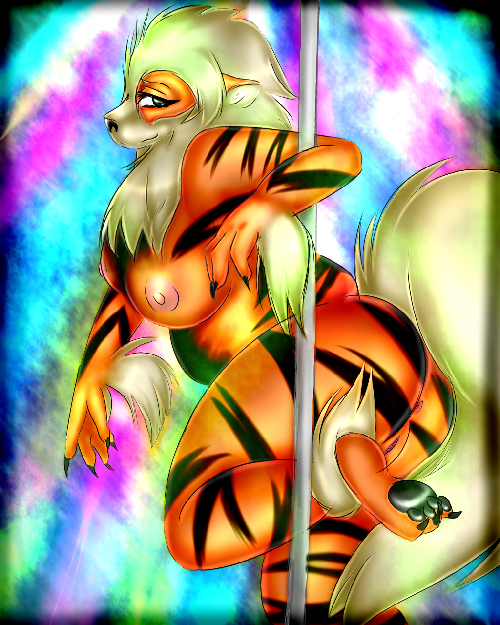 abstract_background anthro anthrofied arcanine breasts butt canine claws dancing female fluffy_tail hindpaw mammal nintendo nude paws plantigrade pok&#233;mon pok&#233;morph pok&eacute;mon pole pole_dancing presenting pussy setsukaaiko soles solo stripes toes video_games