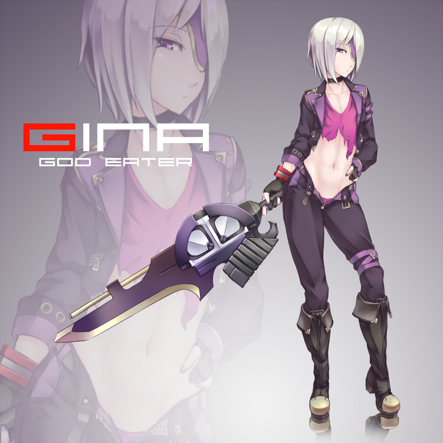 belt black_gloves boots character_name choker collarbone eyepatch flat_chest gina_dickinson gloves god_eater god_eater_burst hand_on_hip jacket kageshio_(276006) midriff nail_polish navel panties pants purple_eyes purple_panties reflection shirt short_hair silver_hair torn_clothes torn_shirt unbuckled_belt underwear unzipped weapon zipper zoom_layer