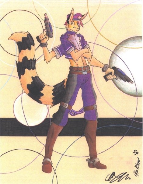 anthro boots clothing fur gun hat male pants piercing pose ranged_weapon ringtail solo weapon