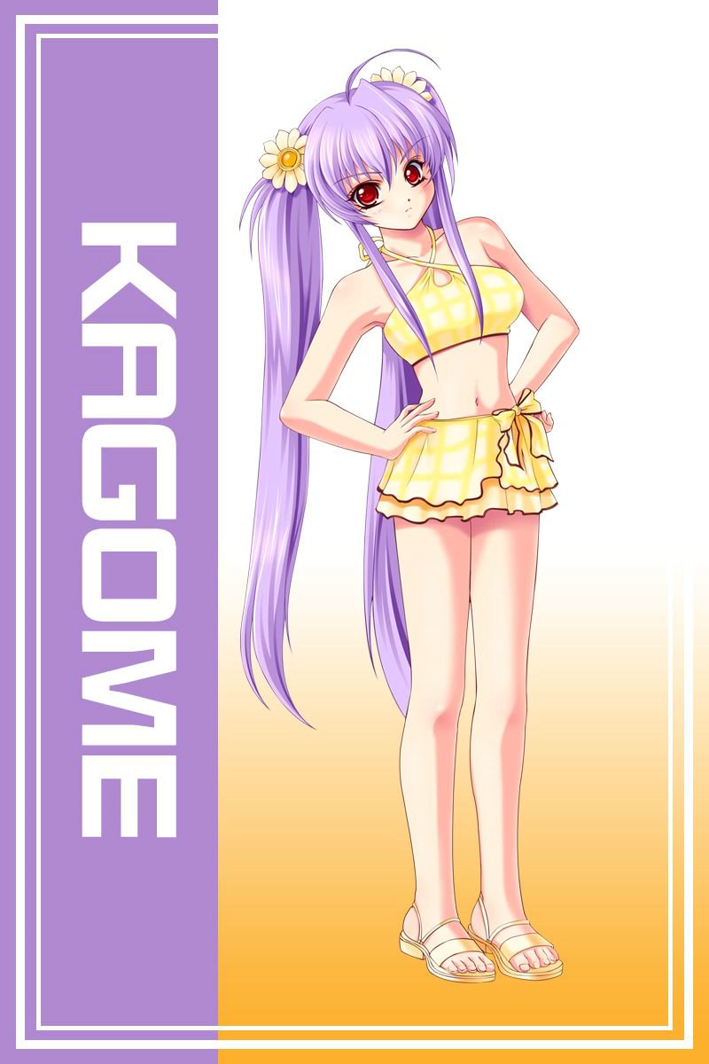 aozora_kagome bare_shoulders breasts feet game_cg gradient gradient_background hair_ornament highres long_hair looking_at_viewer mome!_chichi_shimai_katei_kyoushi_11nin mome!_chichi_shimai_katekyoushi ole-m purple_hair red_eyes solo standing swimsuit toes twintails