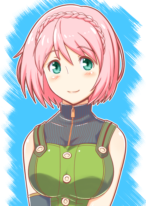 blush braid breasts buttons daiba_canon god_eater god_eater_burst green_eyes large_breasts pink_hair short_hair single_braid smile solo soubee1 turtleneck v_arms zipper